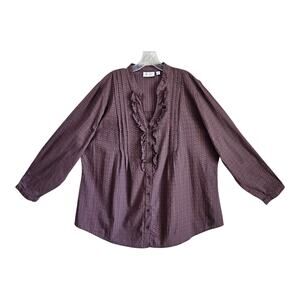 DENIM & CO Women Plus Size 2X Blouse Ruffle V-Neck, Button Up Brown Textured 50"